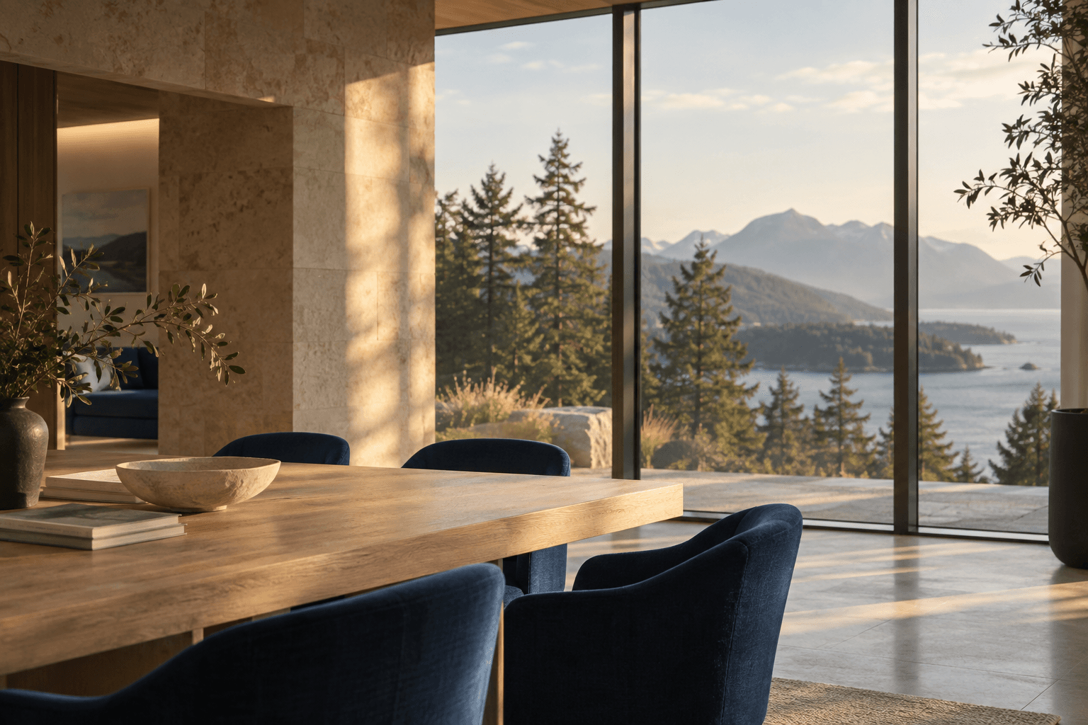 Sunlit workspace overlooking a coastal landscape